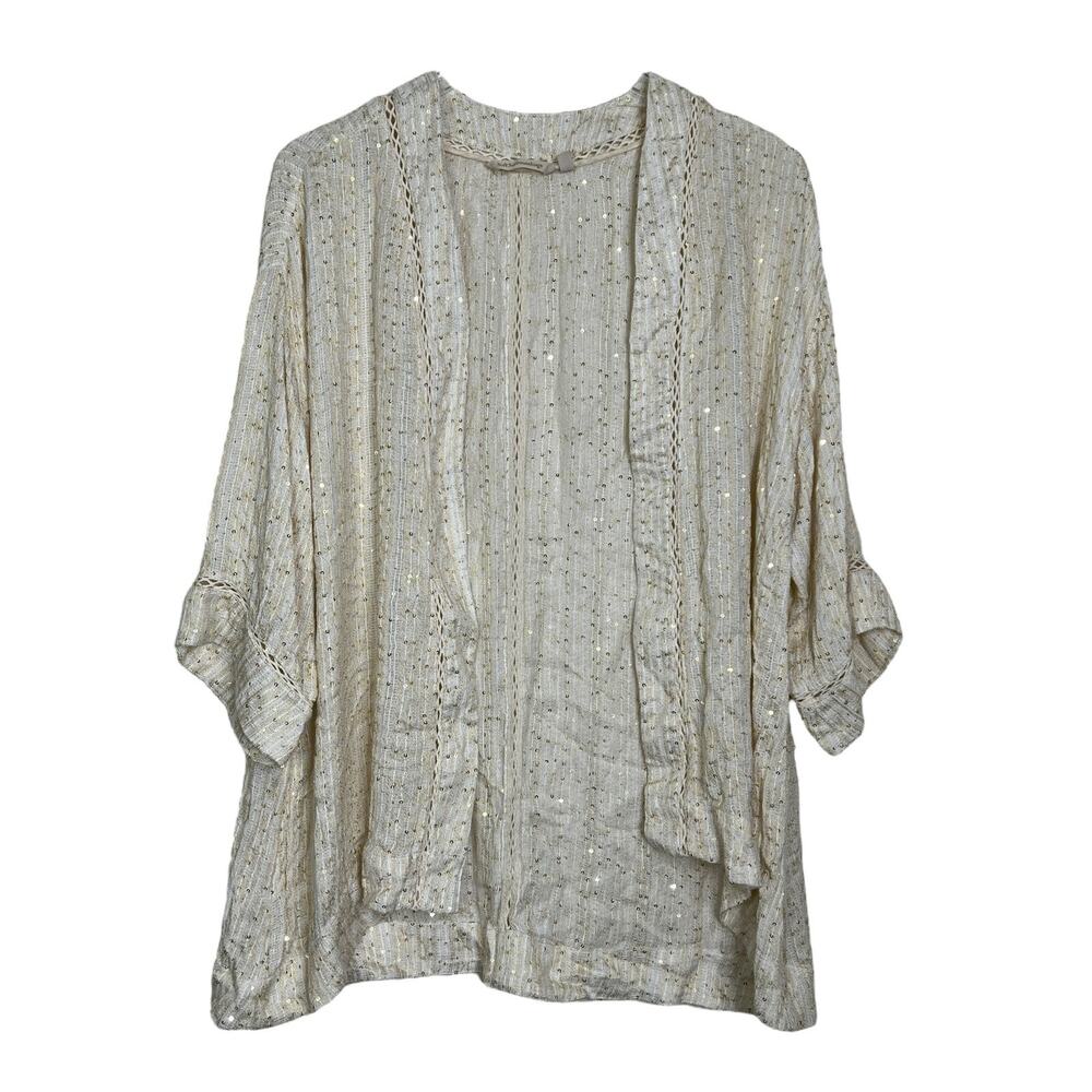 Soft Surroundings Glamour Sequins Open Front Topper Cardigan Cream Gold Small